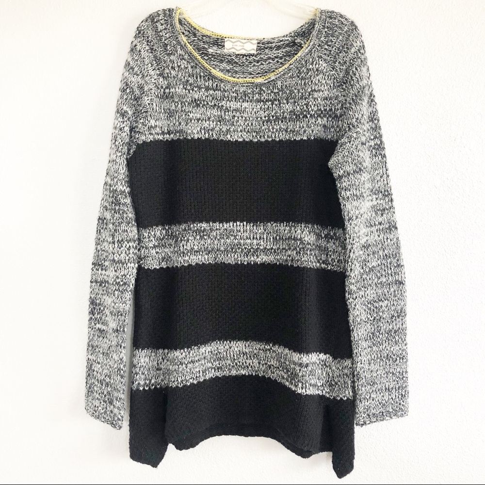 Pink Rose Striped Black & Gray Knit Sweater XL